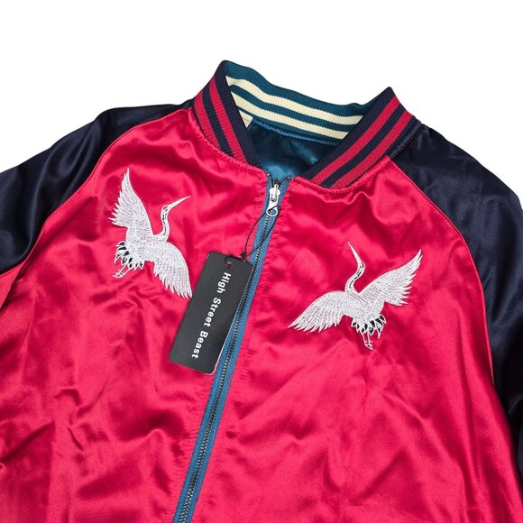 Reversible Satin Bomber Jacket U.S. Navy Seabees Embroidery & Cranes Design M - Picture 11 of 16